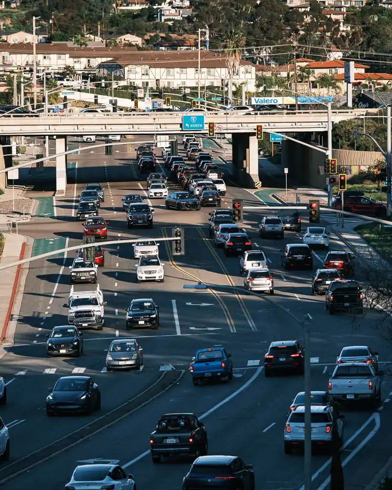 Looking east at Encinitas Boulevard and Interstate 5 in Encinitas, California congested with traffic