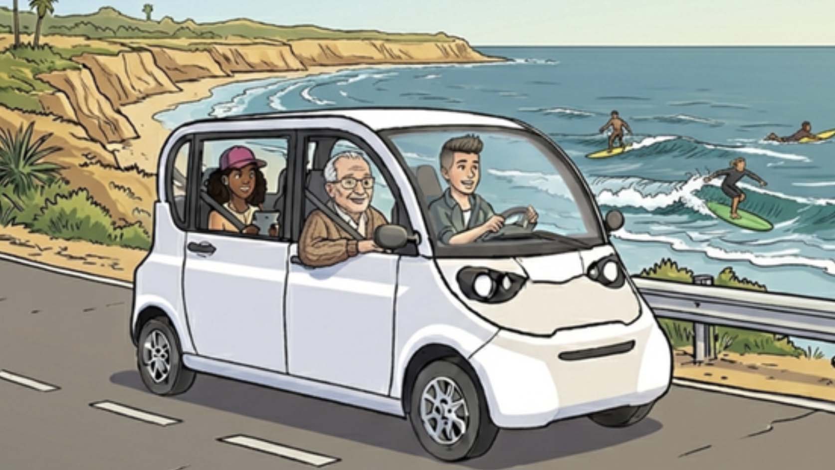 An AI generated image of people riding in a microtransit vehicle along the coast